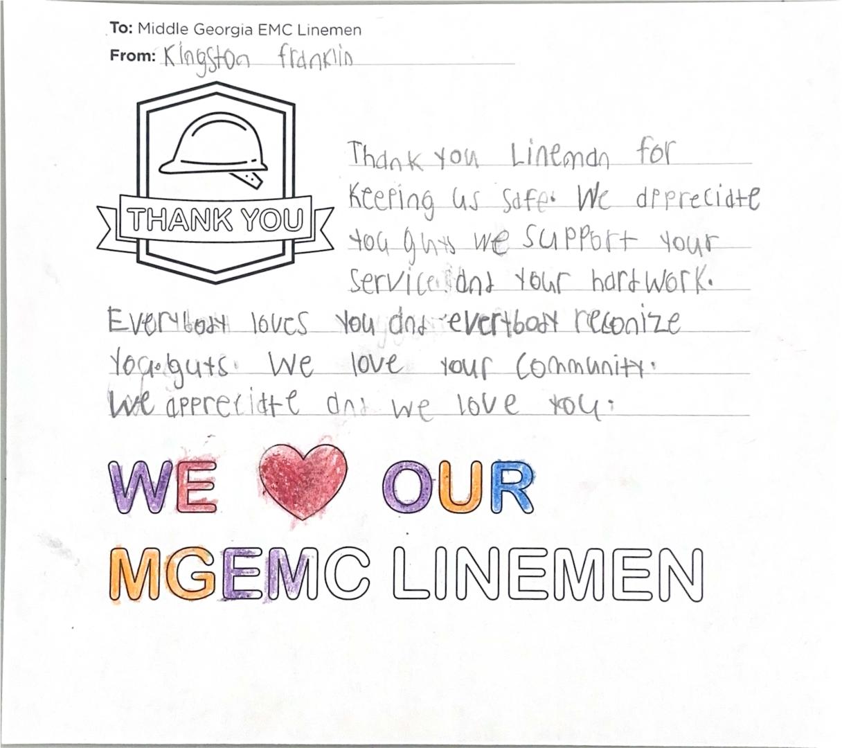 "Thank you, Middle Georgia EMC Linemen" Card from Student