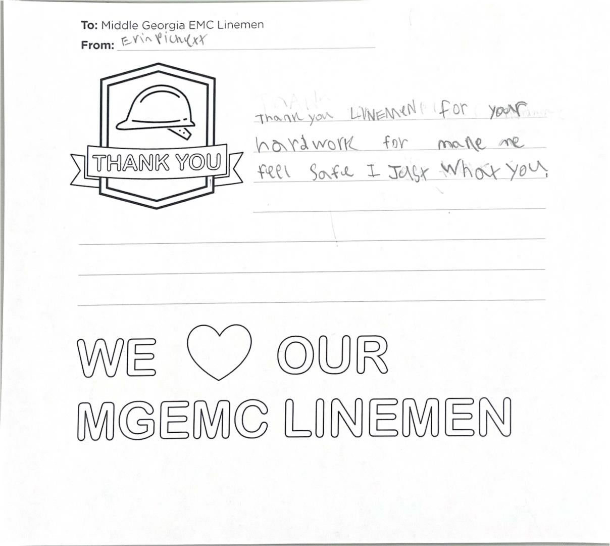 "Thank you, Middle Georgia EMC Linemen" Card from Student