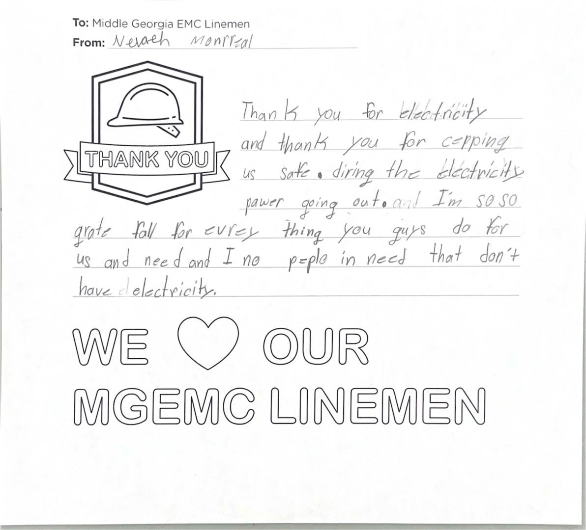 "Thank you, Middle Georgia EMC Linemen" Card from Student