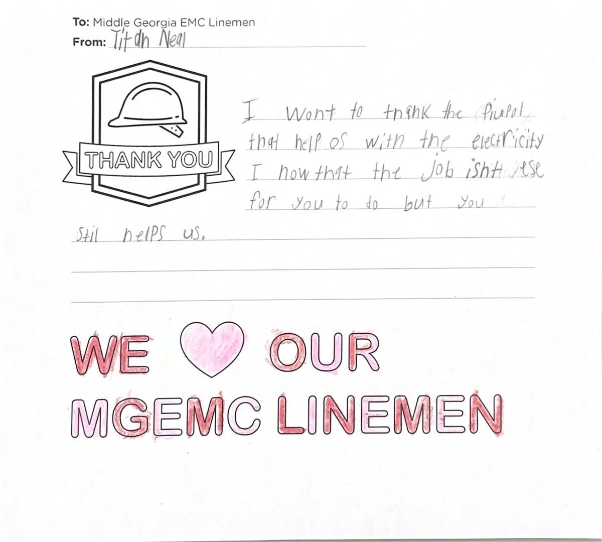 "Thank you, Middle Georgia EMC Linemen" Card from Student