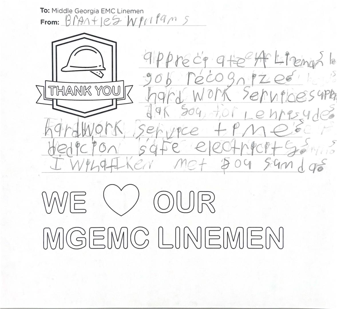 "Thank you, Middle Georgia EMC Linemen" Card from Student