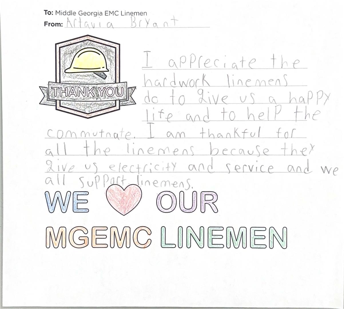 "Thank you, Middle Georgia EMC Linemen" Card from Student