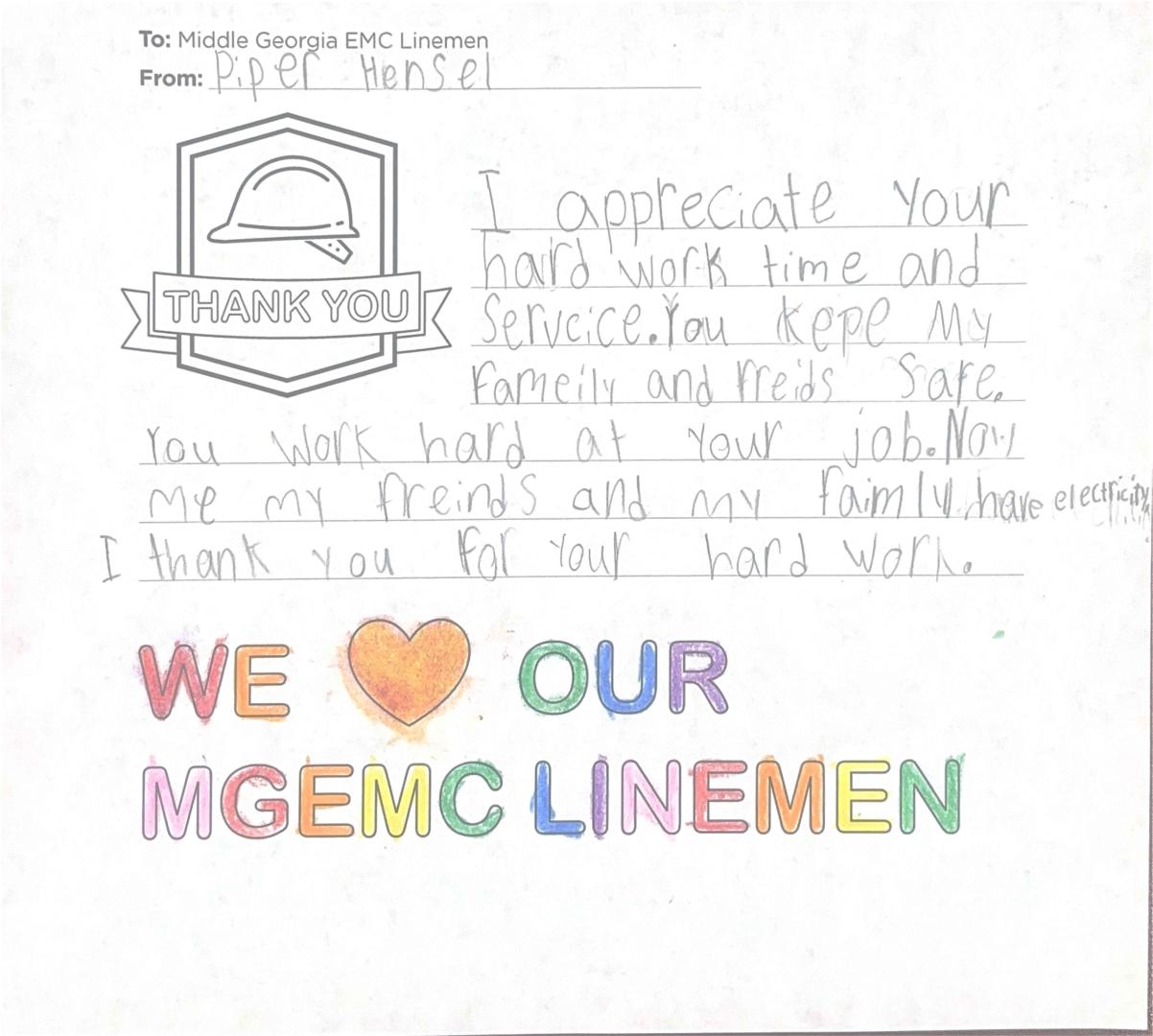 "Thank you, Middle Georgia EMC Linemen" Card from Student