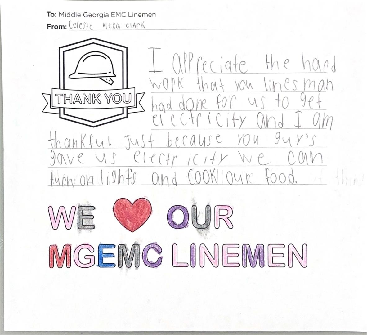 "Thank you, Middle Georgia EMC Linemen" Card from Student