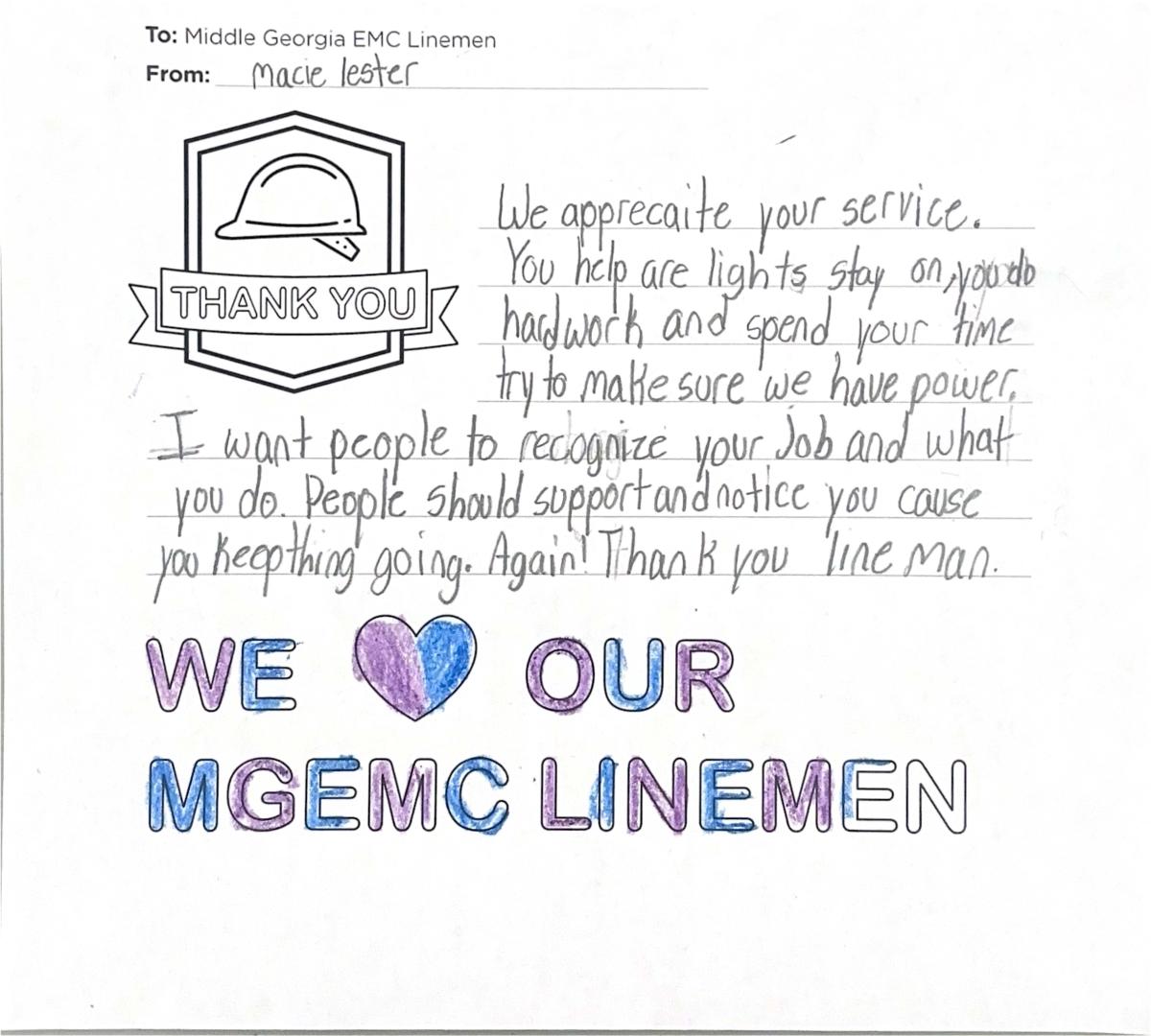 "Thank you, Middle Georgia EMC Linemen" Card from Student
