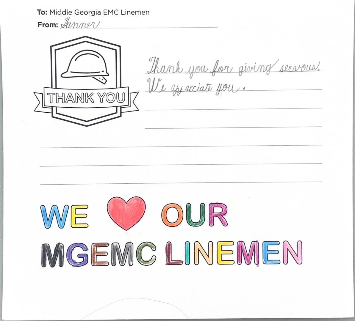 "Thank you, Middle Georgia EMC Linemen" Card from Student