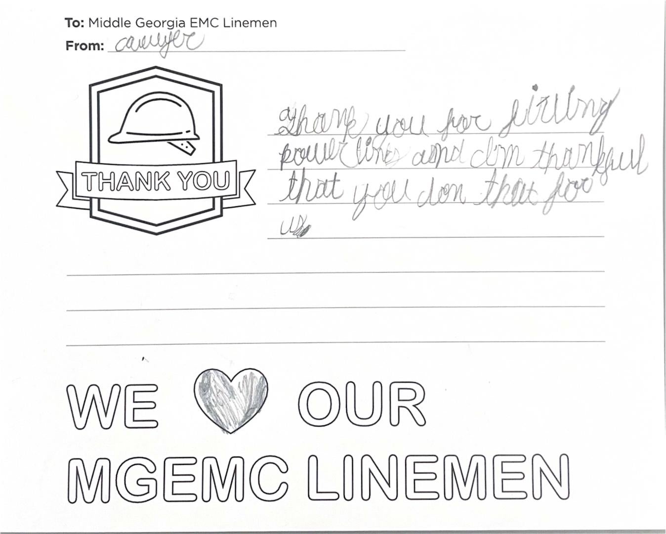 "Thank you, Middle Georgia EMC Linemen" Card from Student