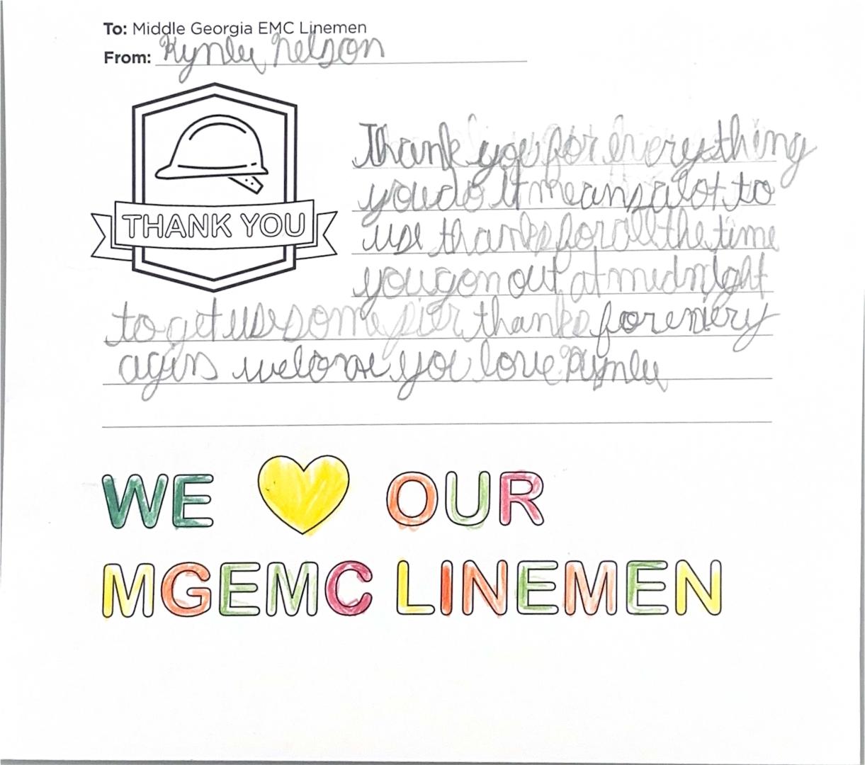 "Thank you, Middle Georgia EMC Linemen" Card from Student