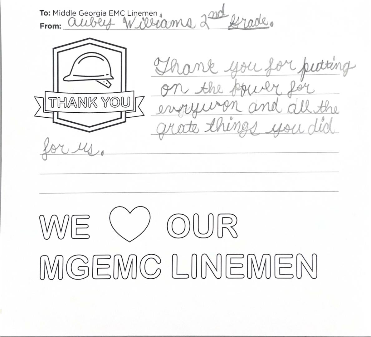 "Thank you, Middle Georgia EMC Linemen" Card from Student