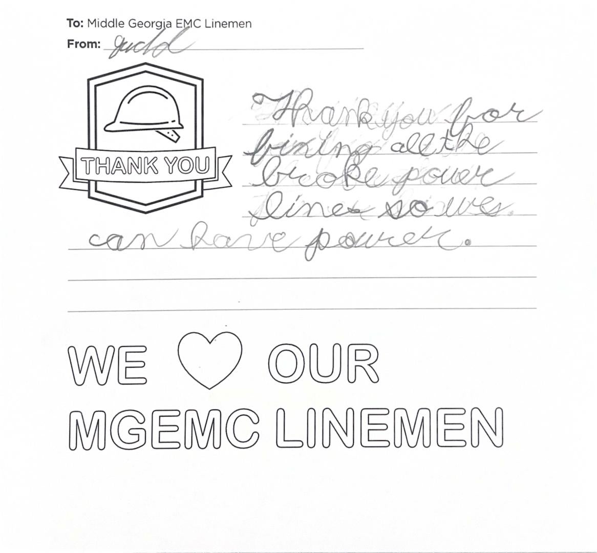 "Thank you, Middle Georgia EMC Linemen" Card from Student