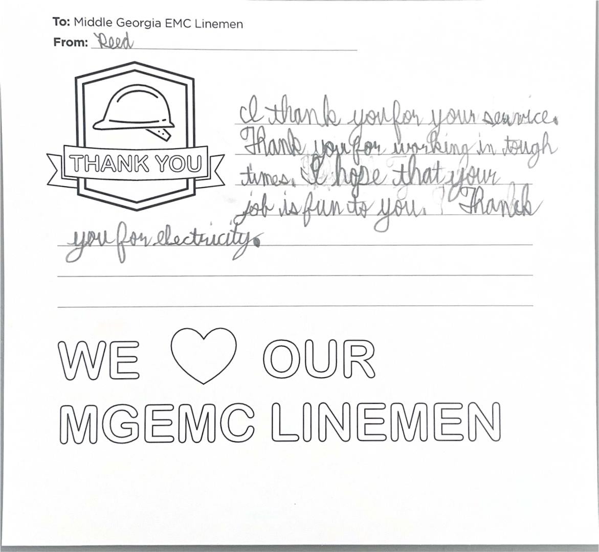 "Thank you, Middle Georgia EMC Linemen" Card from Student