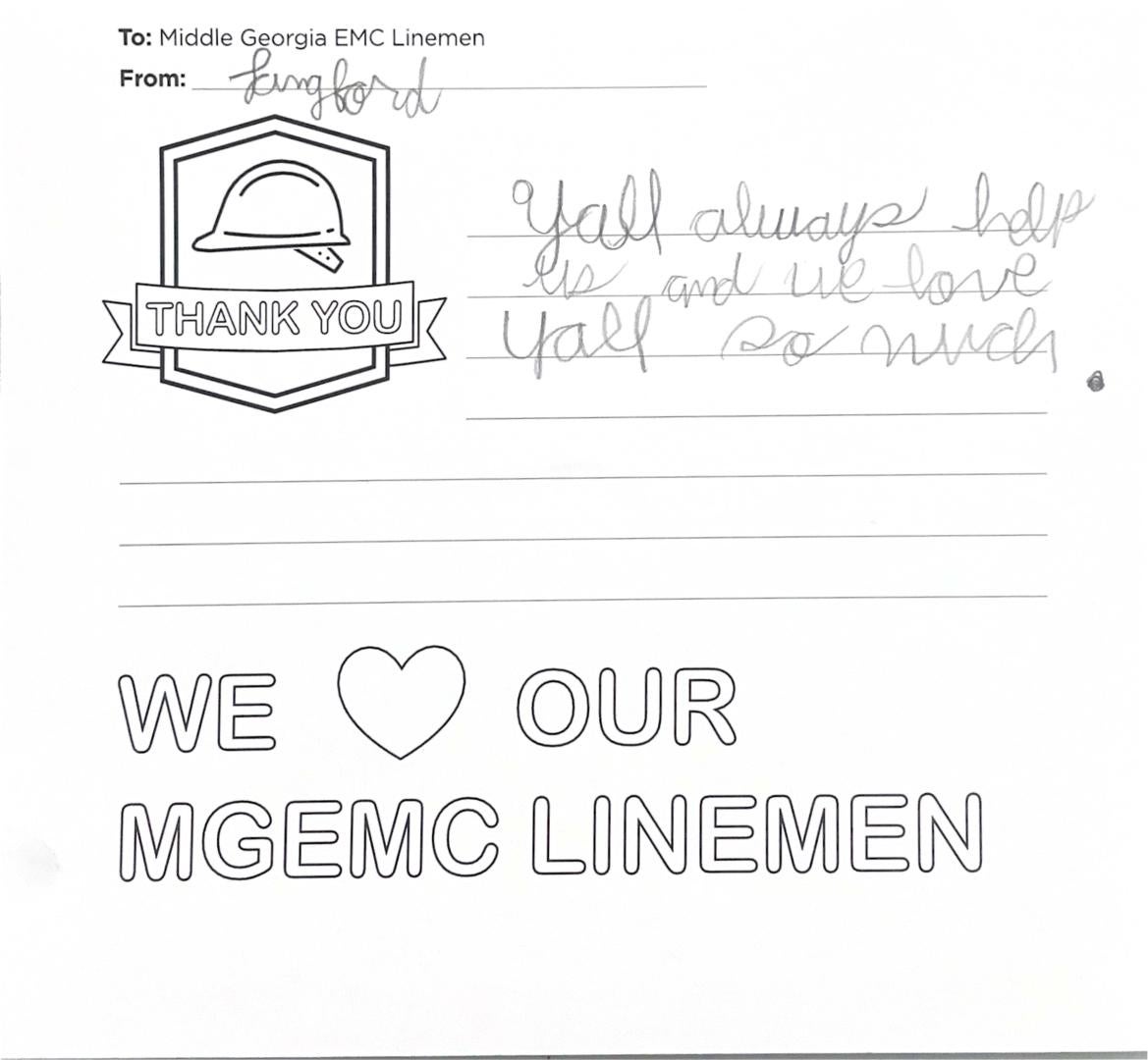 "Thank you, Middle Georgia EMC Linemen" Card from Student
