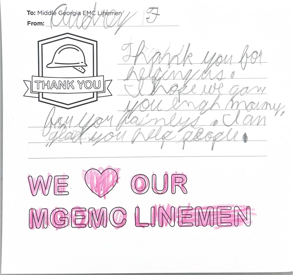 "Thank you, Middle Georgia EMC Linemen" Card from Student