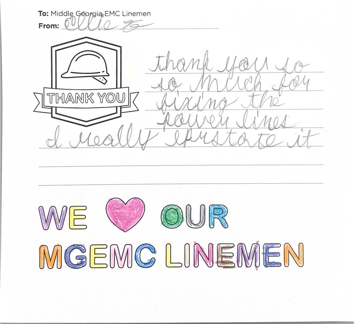 "Thank you, Middle Georgia EMC Linemen" Card from Student