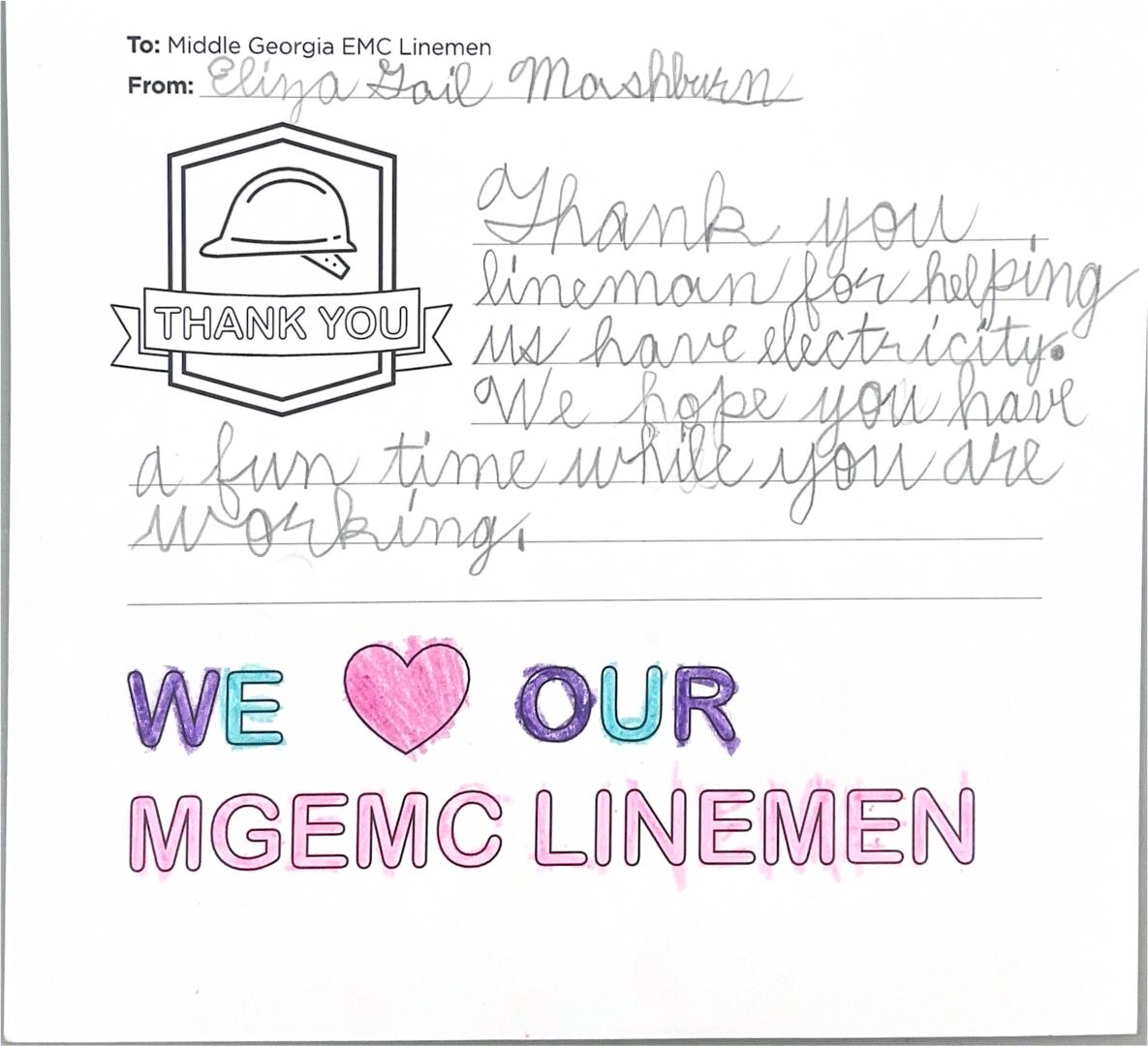 "Thank you, Middle Georgia EMC Linemen" Card from Student