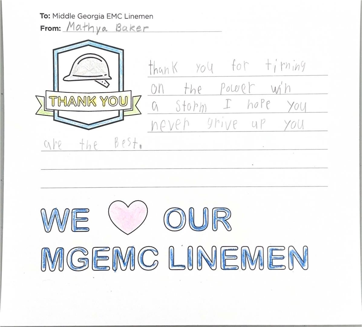 "Thank you, Middle Georgia EMC Linemen" Card from Student