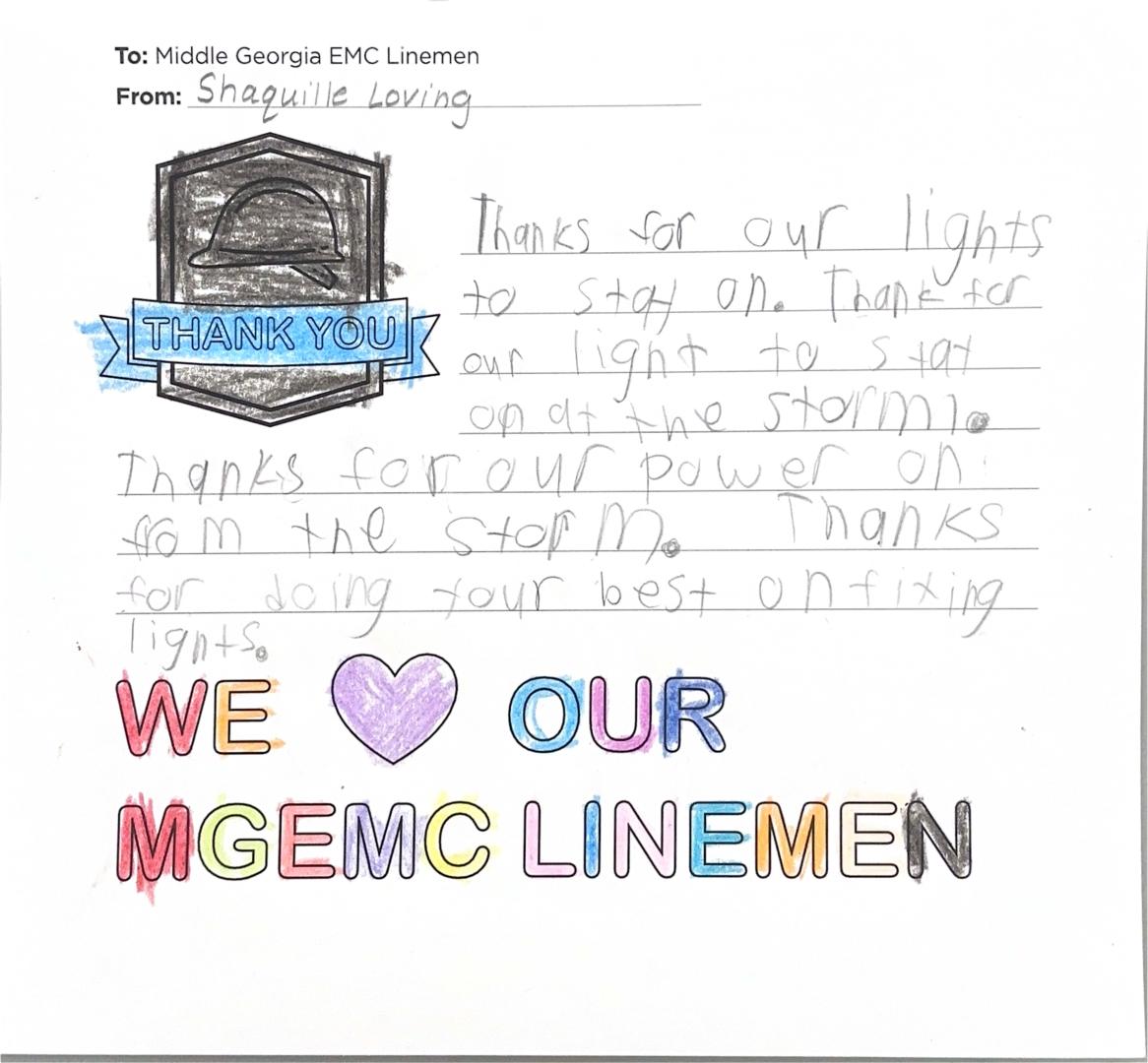 "Thank you, Middle Georgia EMC Linemen" Card from Student