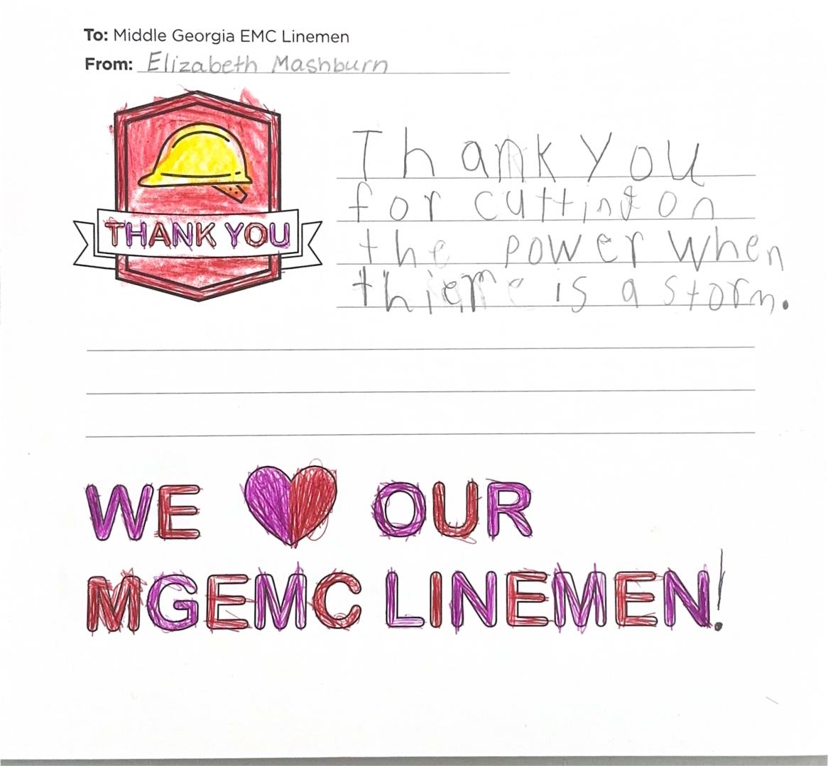 "Thank you, Middle Georgia EMC Linemen" Card from Student