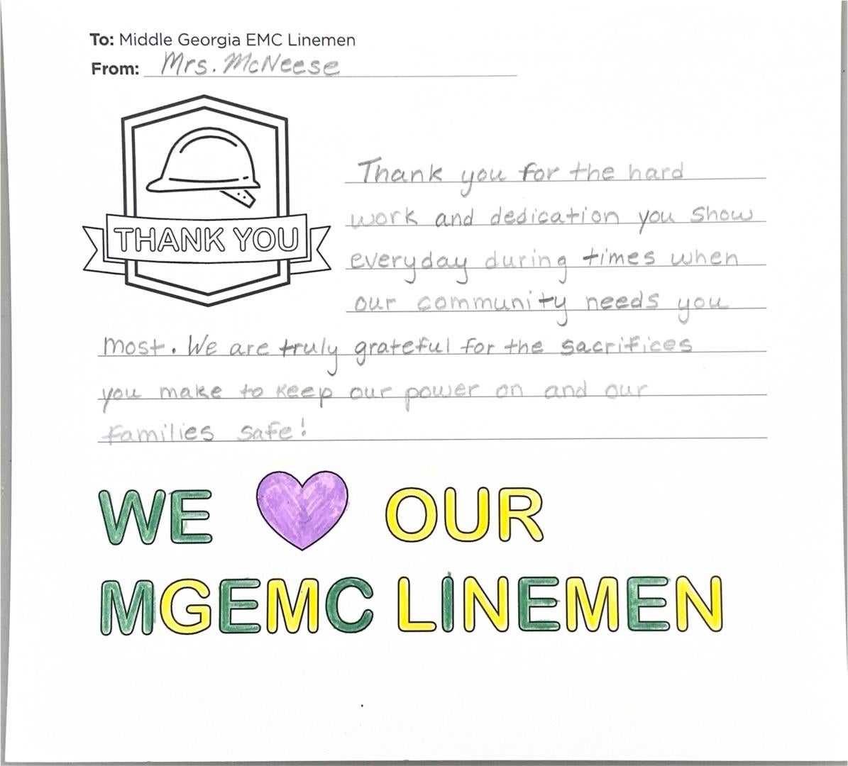"Thank you, Middle Georgia EMC Linemen" Card from Student
