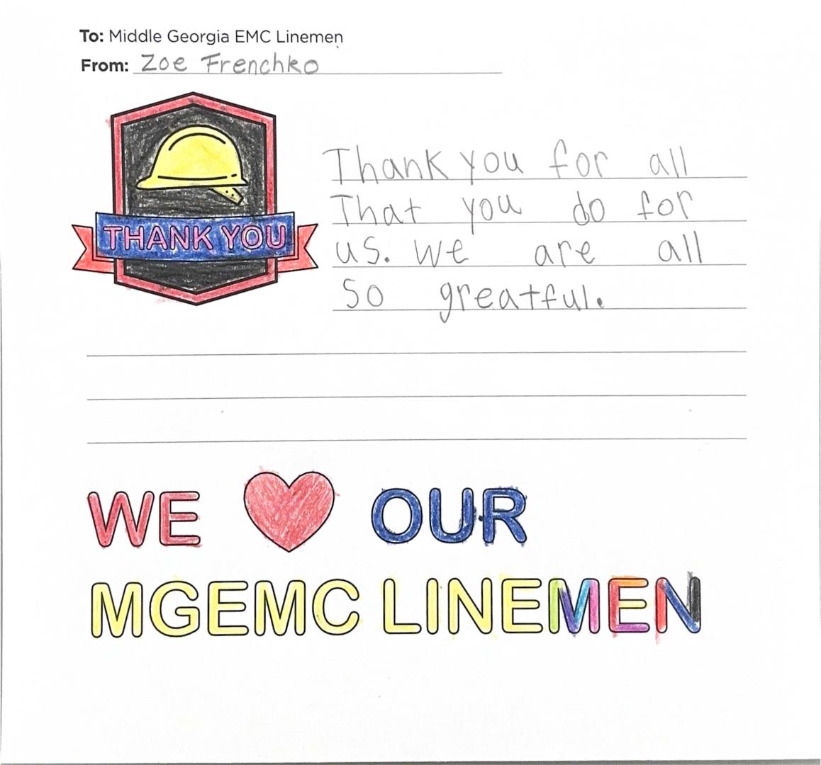 "Thank you, Middle Georgia EMC Linemen" Card from Student