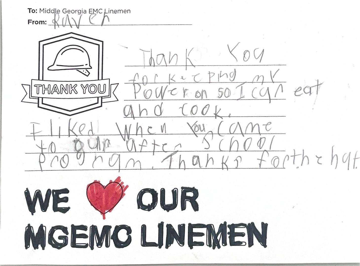 "Thank you, Middle Georgia EMC Linemen" Card from Student