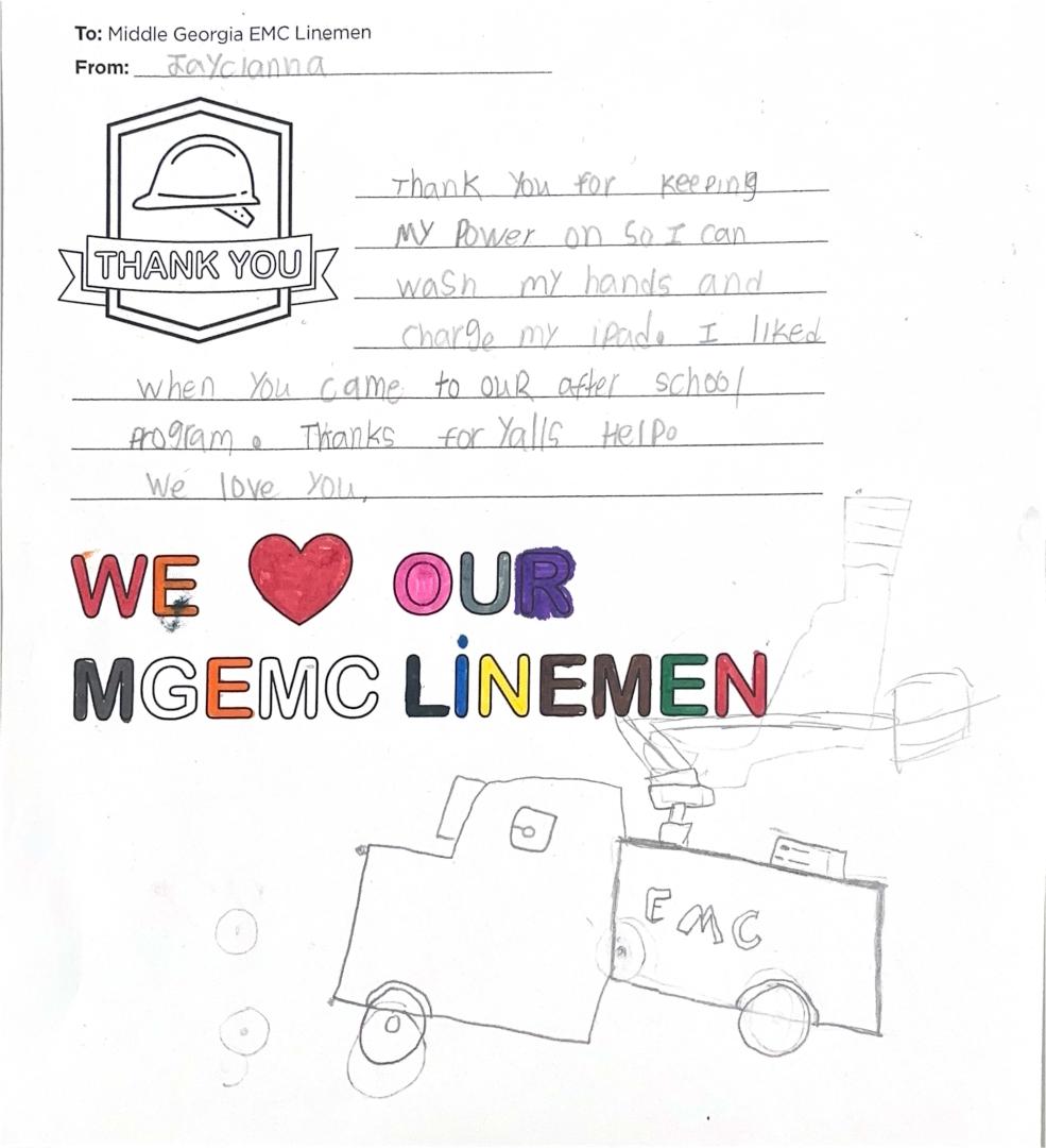 "Thank you, Middle Georgia EMC Linemen" Card from Student