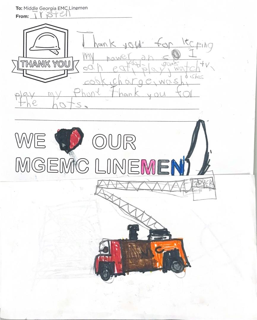 "Thank you, Middle Georgia EMC Linemen" Card from Student