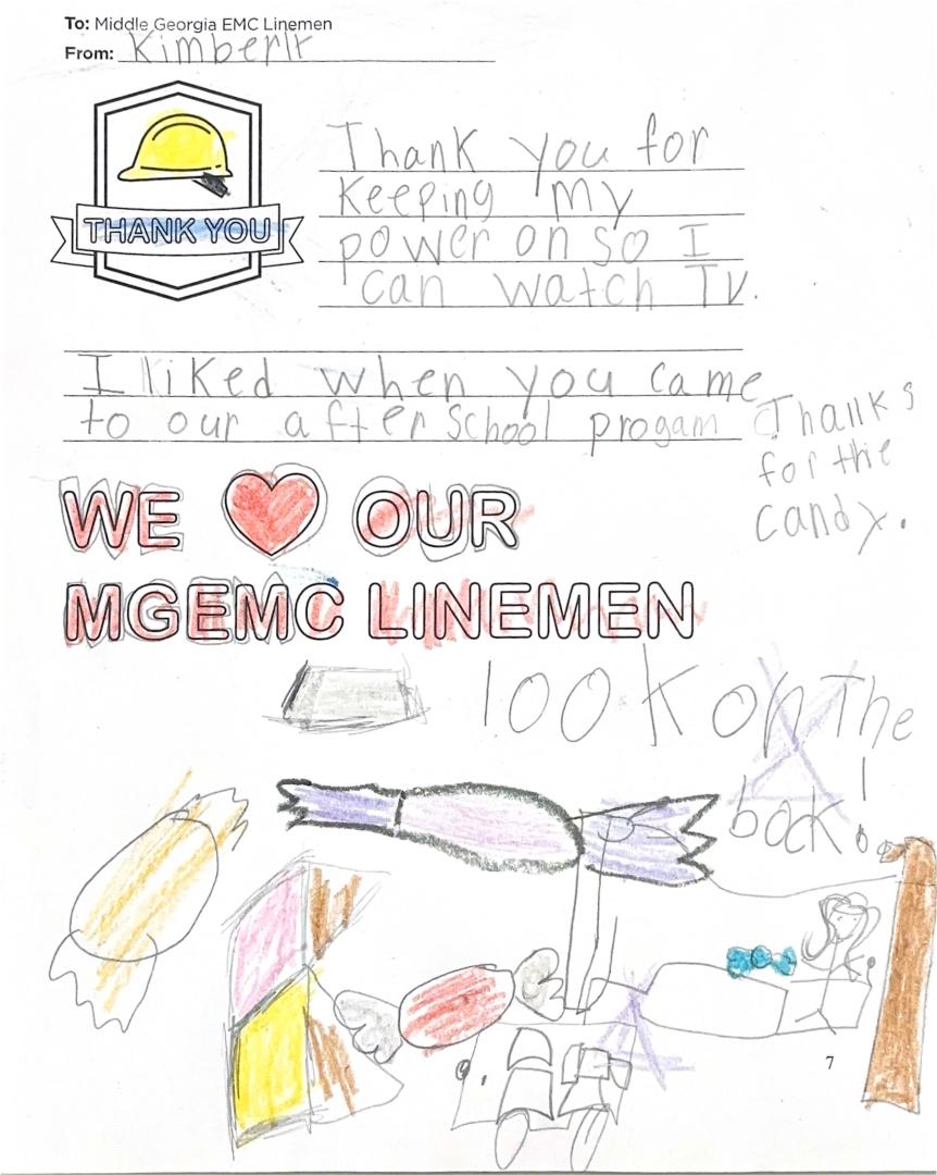 "Thank you, Middle Georgia EMC Linemen" Card from Student