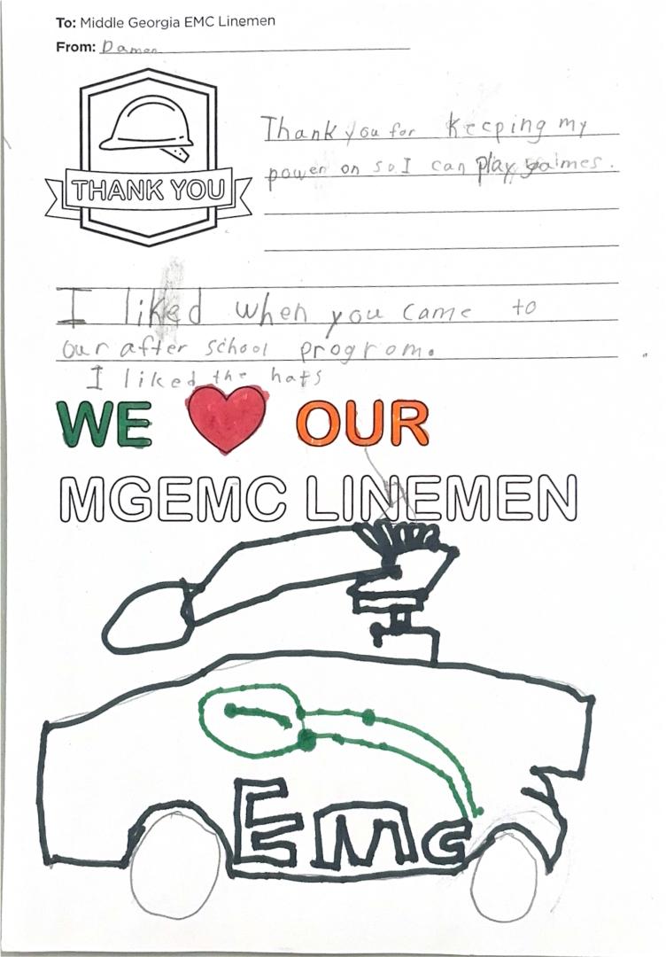 "Thank you, Middle Georgia EMC Linemen" Card from Student