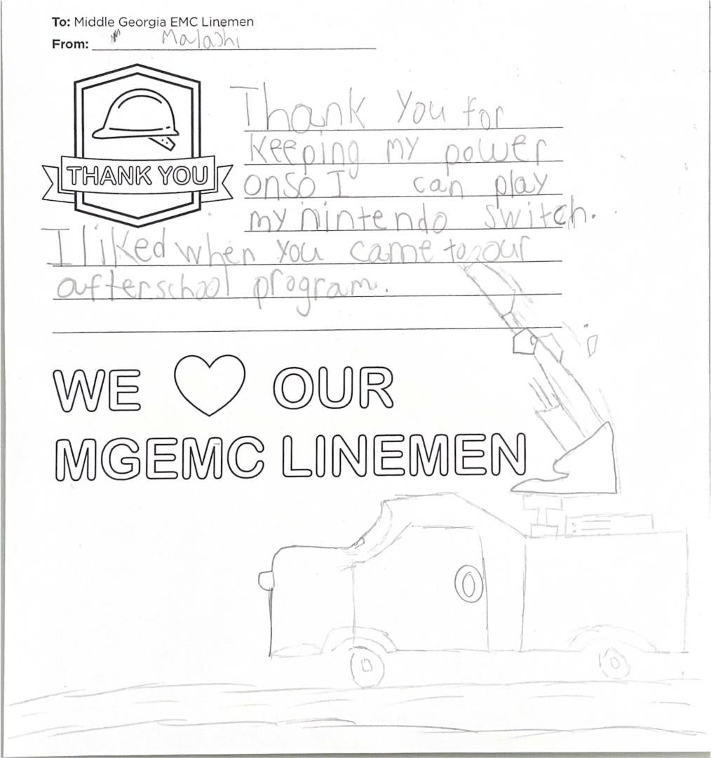 "Thank you, Middle Georgia EMC Linemen" Card from Student