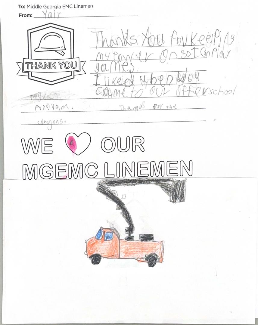 "Thank you, Middle Georgia EMC Linemen" Card from Student